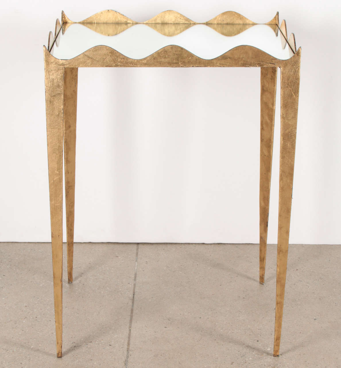 American Elegant Pair of Gilded Scalloped Metal Side Tables with Mirrored Tops